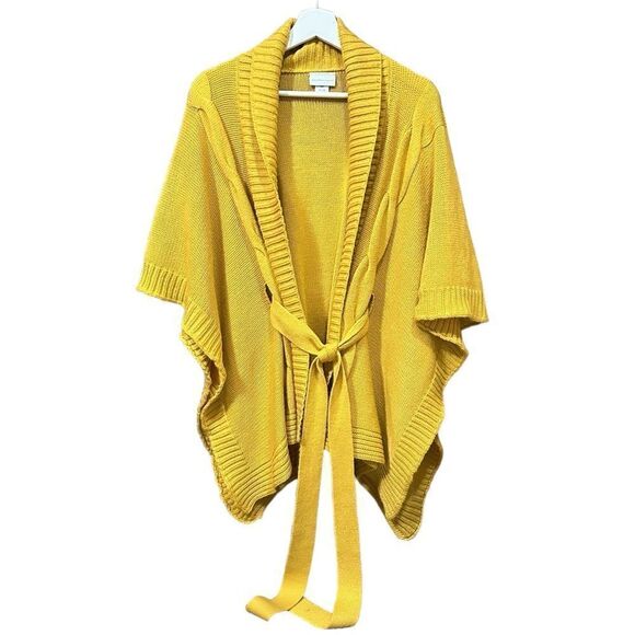 New York & Company Solid Yellow Oversized Open Front Poncho With Front Tie - Picture 1 of 7